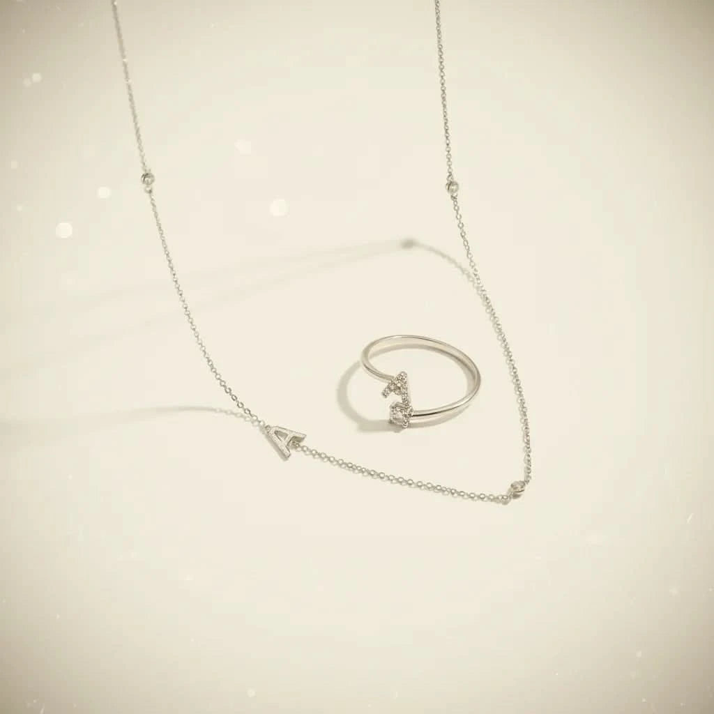 Initial Diamond Necklace Ring Set