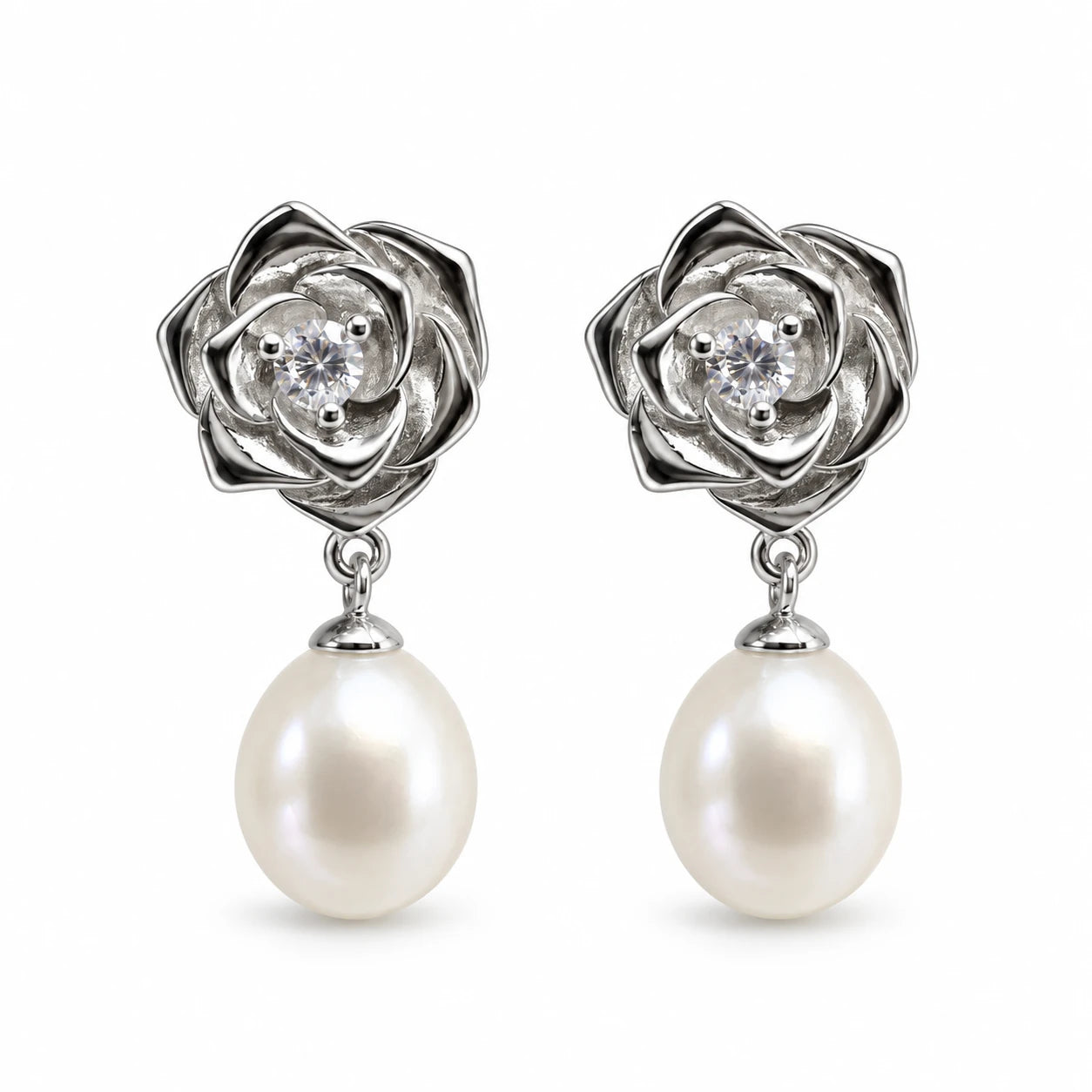 925 sterling silver rose earrings with clear centre stones and teardrop pearl drops
