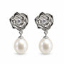 925 sterling silver rose earrings with clear centre stones and teardrop pearl drops