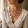 Model wearing gold-tone blue butterfly pendant necklace with pearl-style drop
