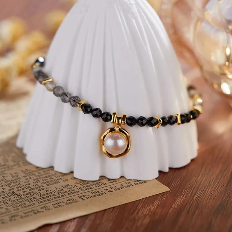 Natural Black Stone Bracelet with Pearl Pendant