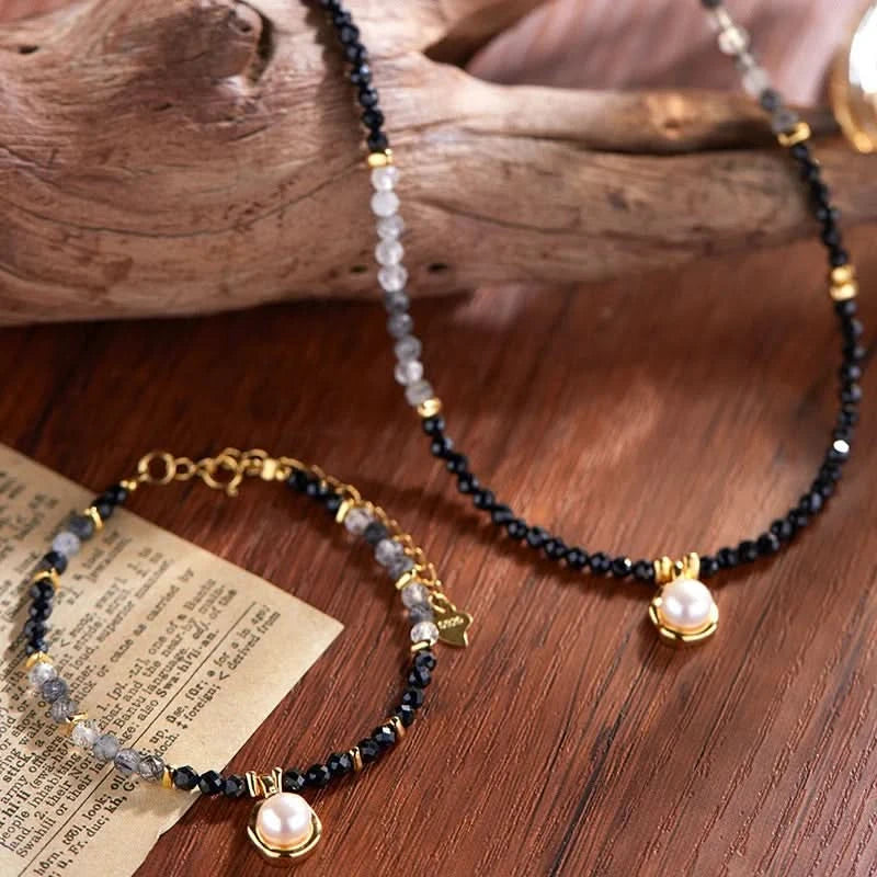 Natural Black Stone Necklace with Pearl Pendant