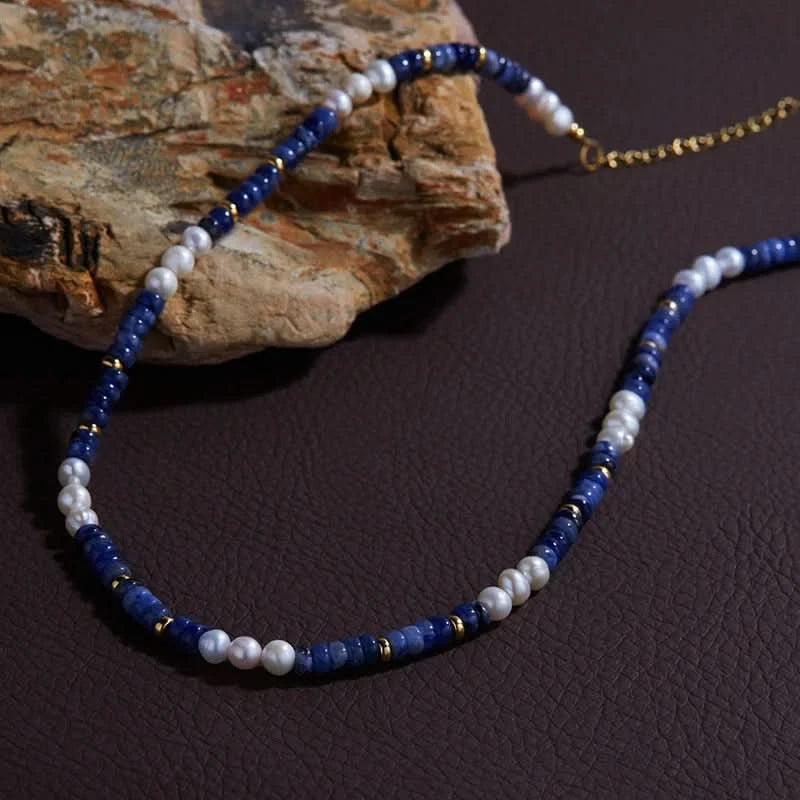 Natural Pearl and Blue Stone Necklace