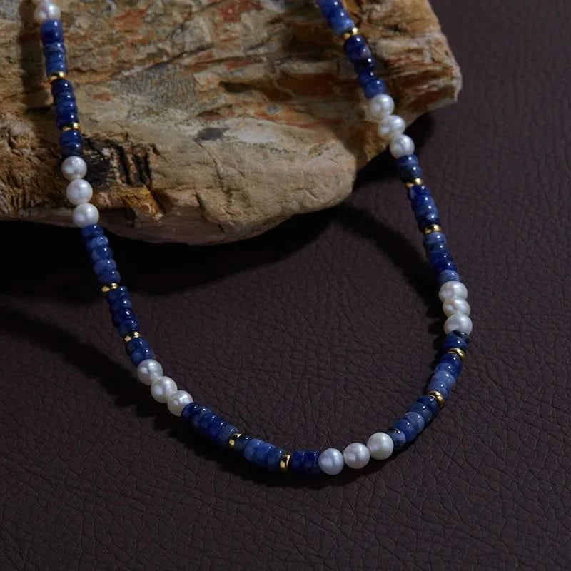 Natural Pearl and Blue Stone Necklace