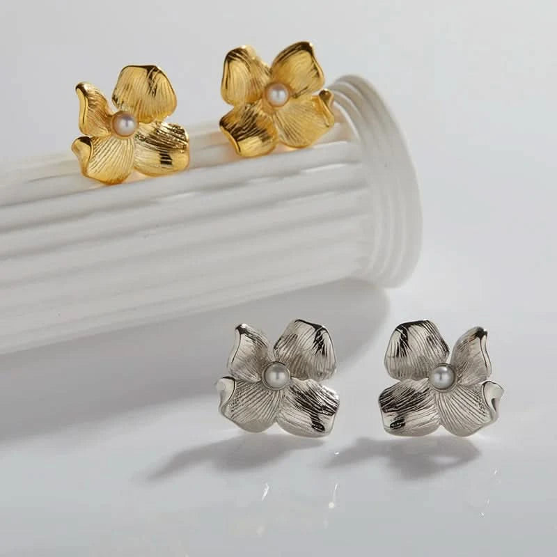 gold flower pearl earrings