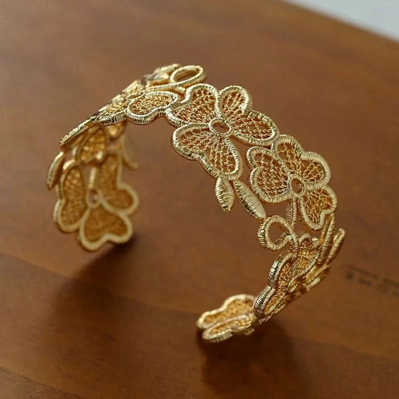 Lace Floral Cuff Bangle | 18K Gold Plated Wedding Bracelet Lace Floral Cuff Bangle | 18K Gold Plated Wedding Bracelet