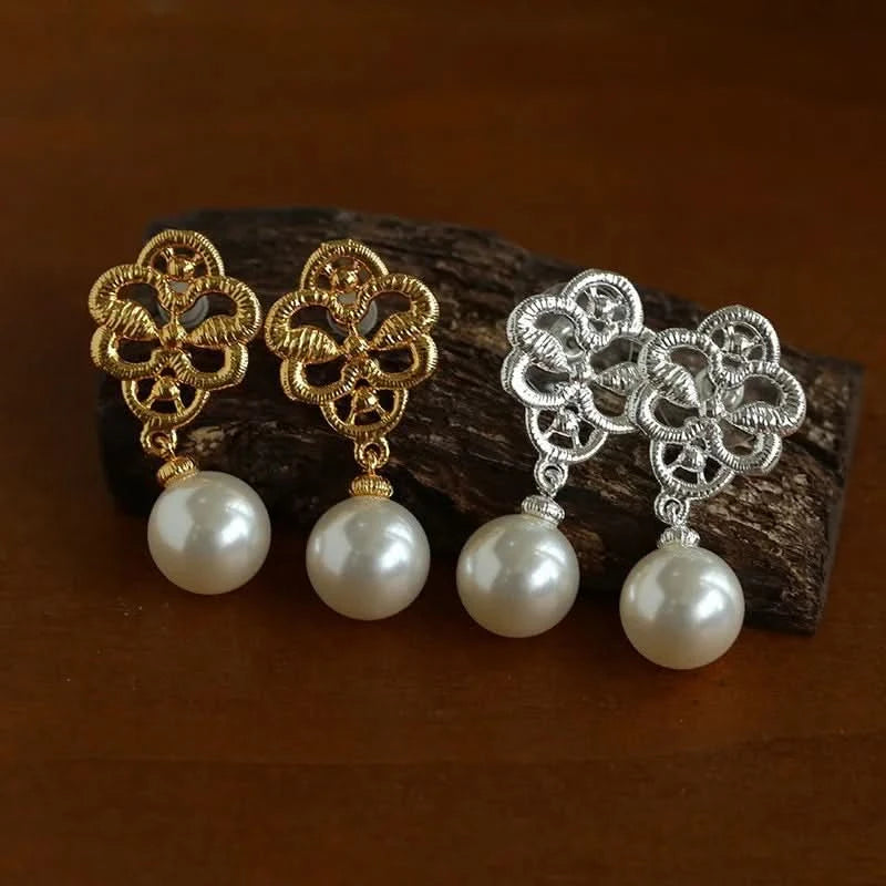 Lace Stylish Earrings – Gold & Silver with Pearl Drop