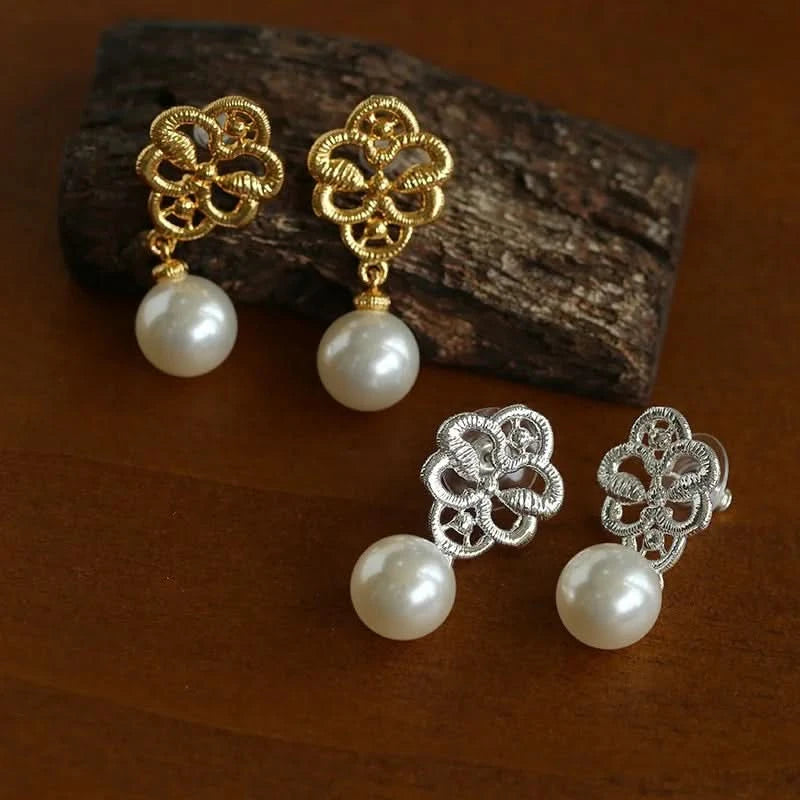 Lace Stylish Earrings – Gold & Silver with Pearl Drop