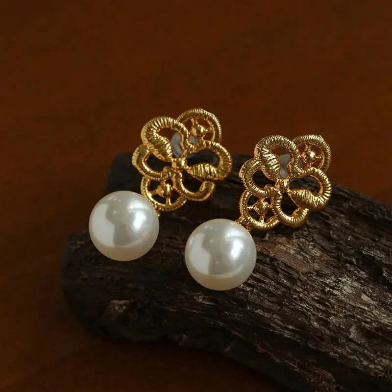Lace Stylish Earrings – Gold & Silver with Pearl Drop