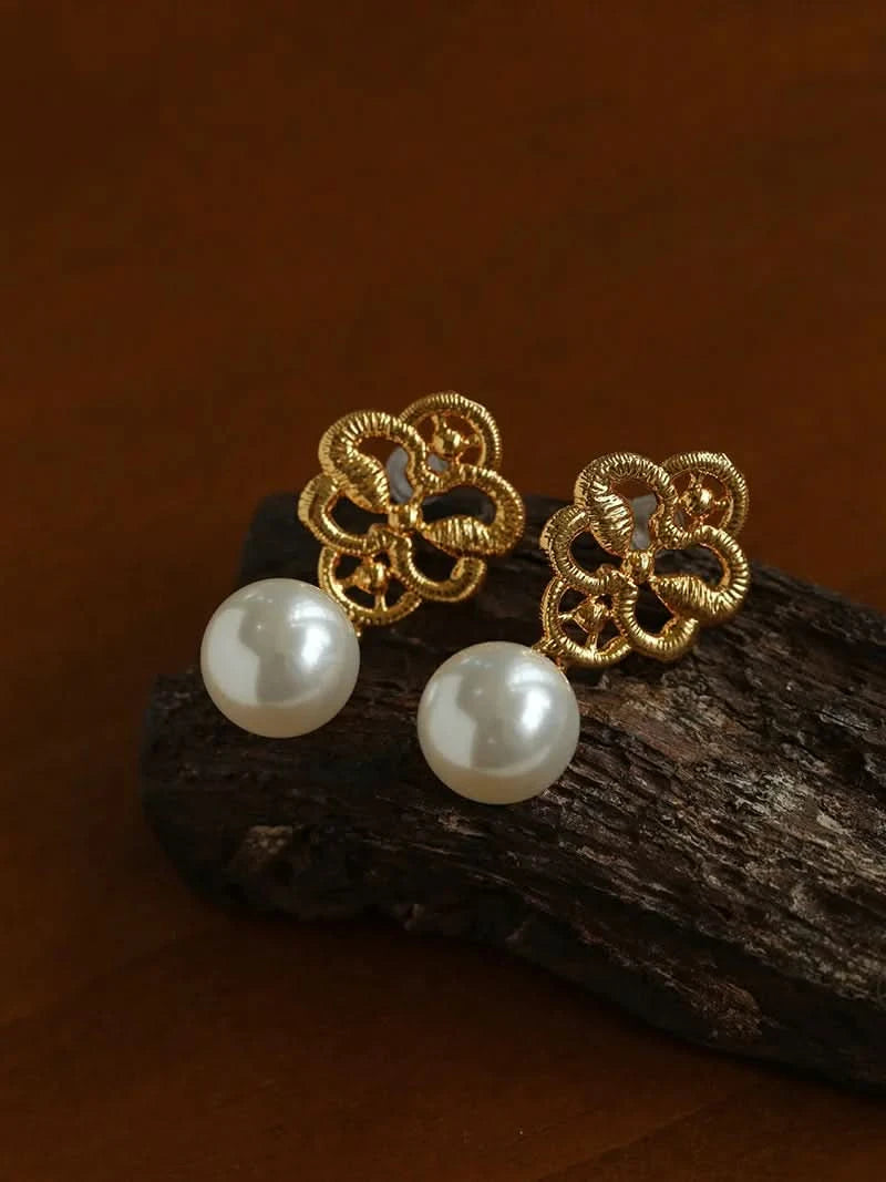 Lace Stylish Earrings – Gold & Silver with Pearl Drop
