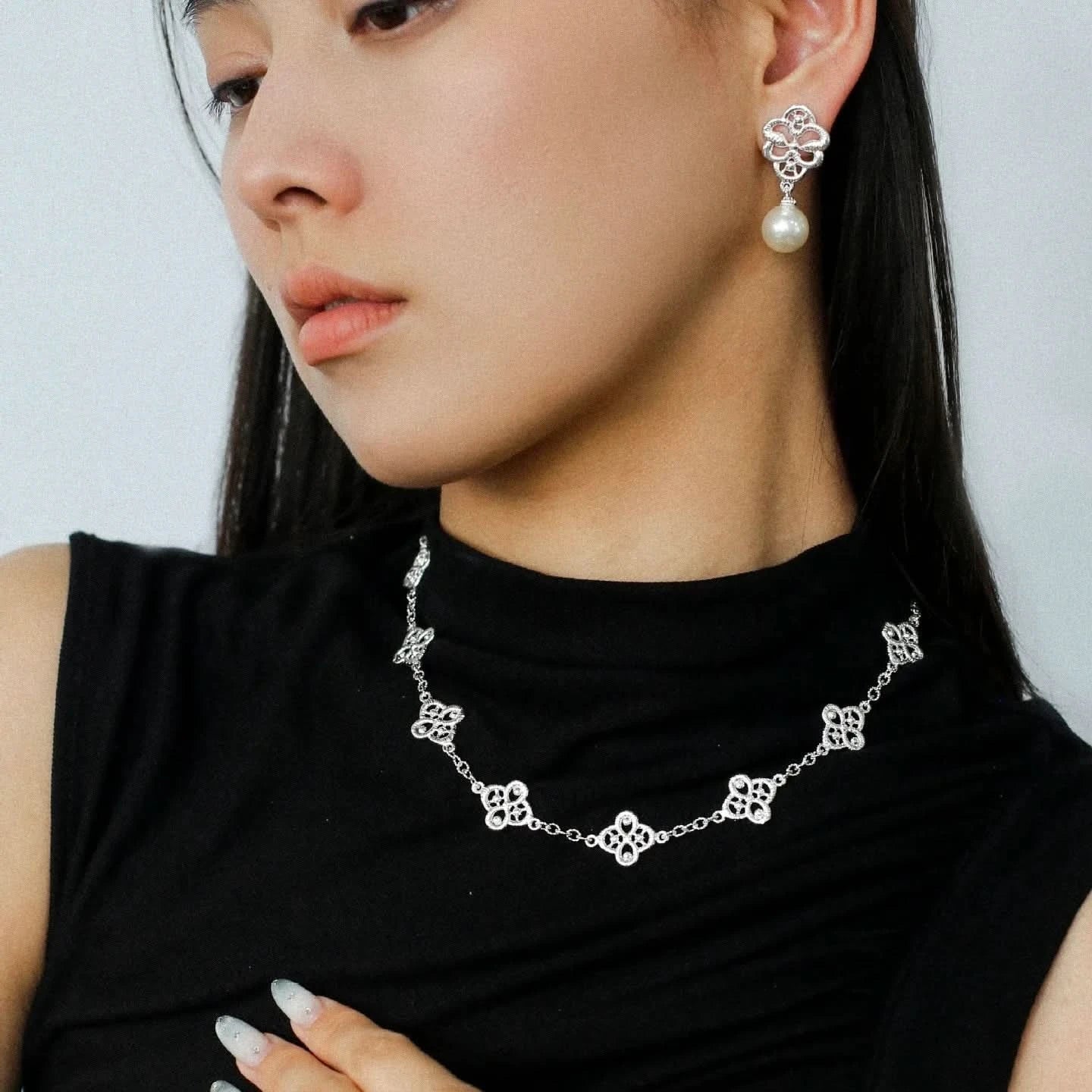 Lace Stylish Earrings – Gold & Silver with Pearl Drop