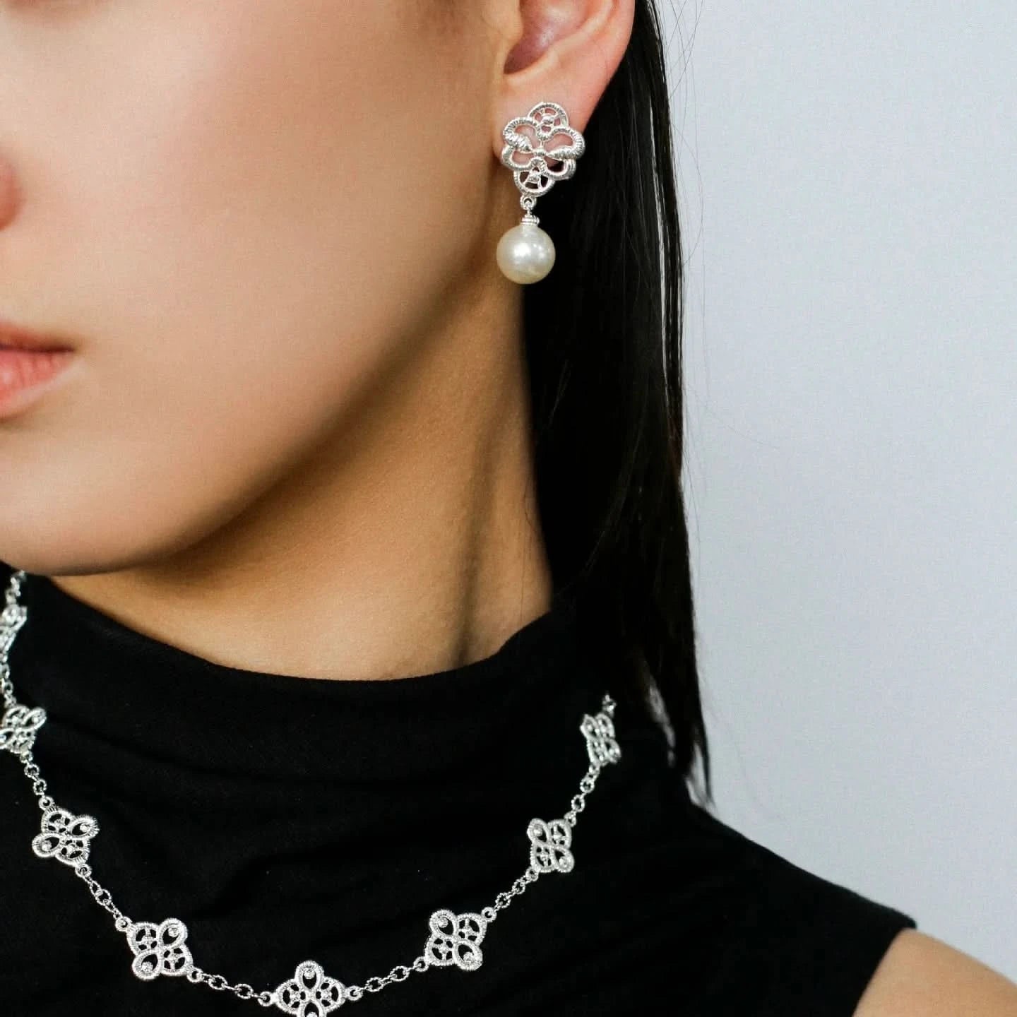 Lace Stylish Earrings – Gold & Silver with Pearl Drop