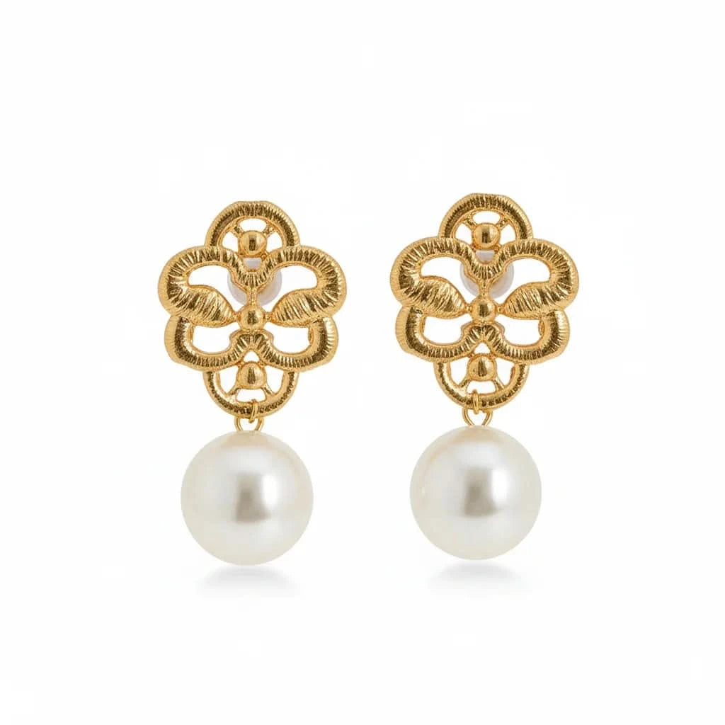 Lace Stylish Earrings – Gold & Silver with Pearl Drop
