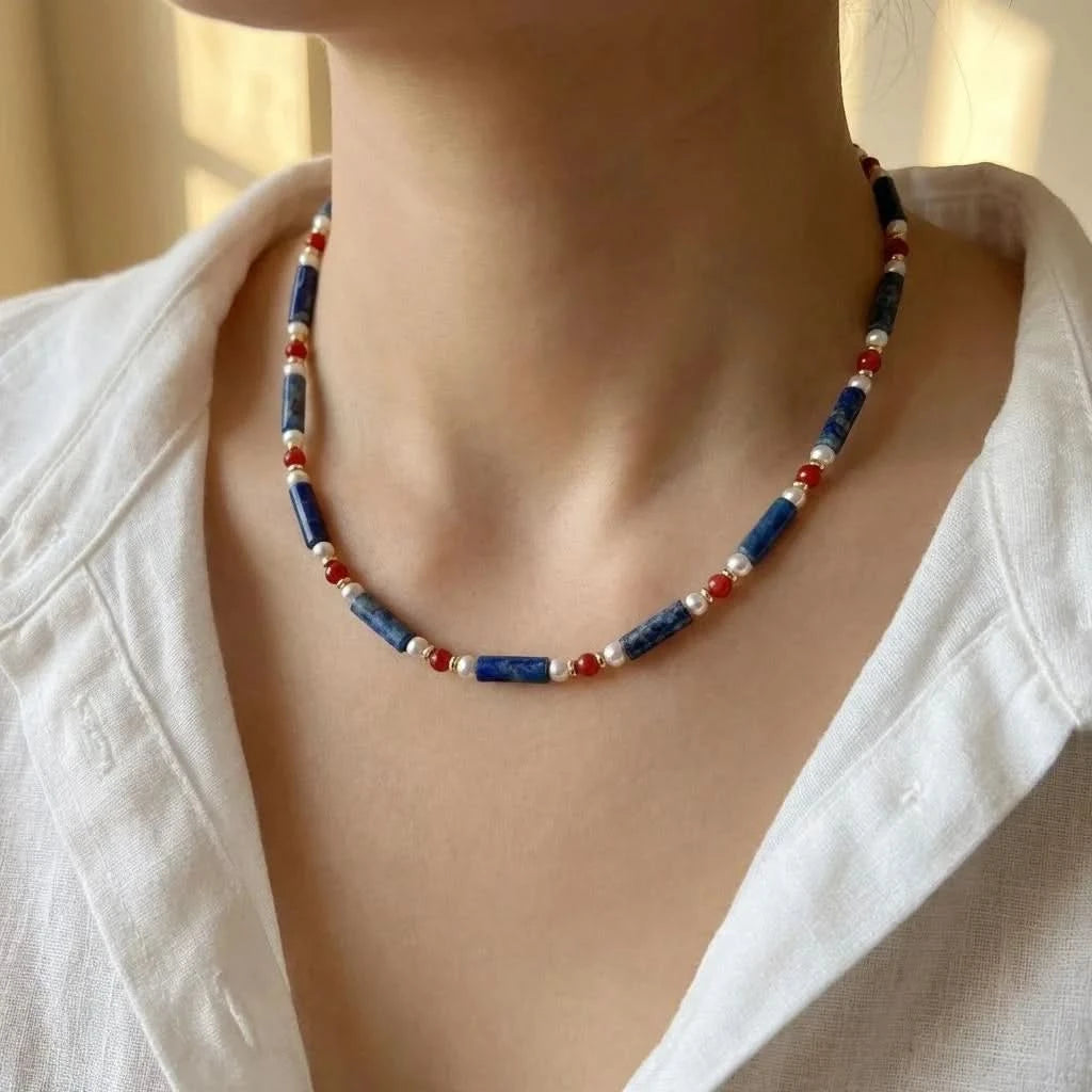 Lapis Lazuli Red Agate Beaded Pearl Necklace