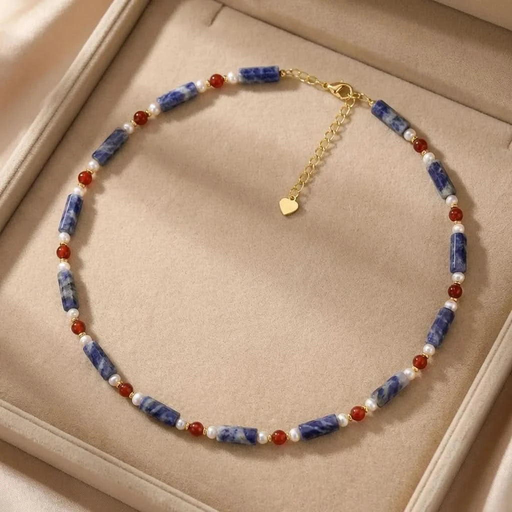 Lapis Lazuli Red Agate Beaded Pearl Necklace