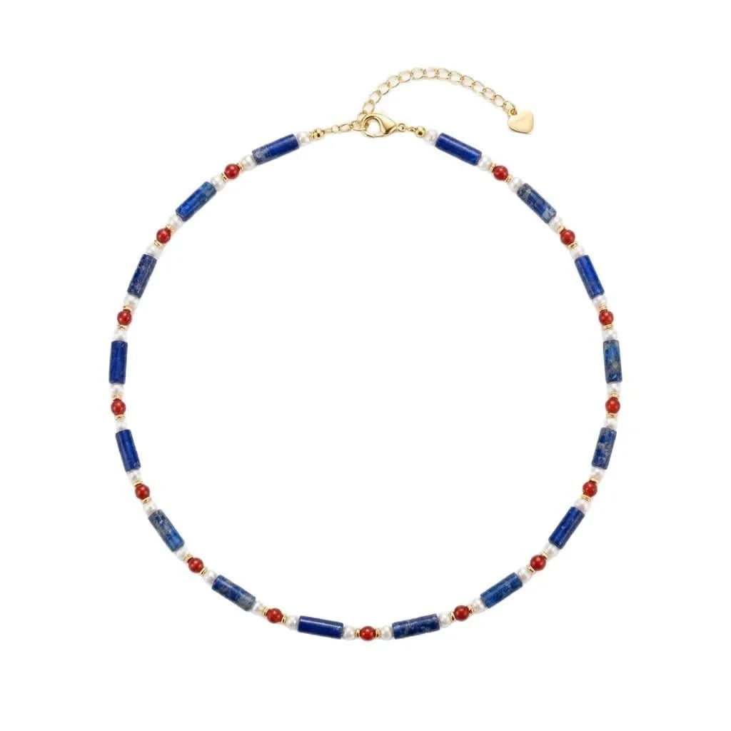 Lapis Lazuli Red Agate Beaded Pearl Necklace