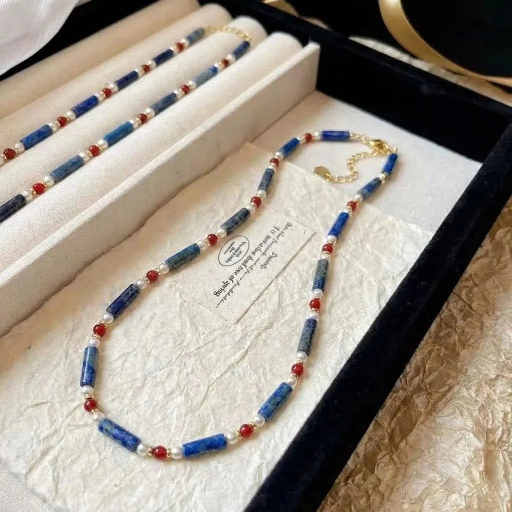 Lapis Lazuli Red Agate Beaded Pearl Necklace