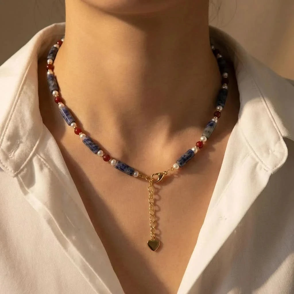 Lapis Lazuli Red Agate Beaded Pearl Necklace