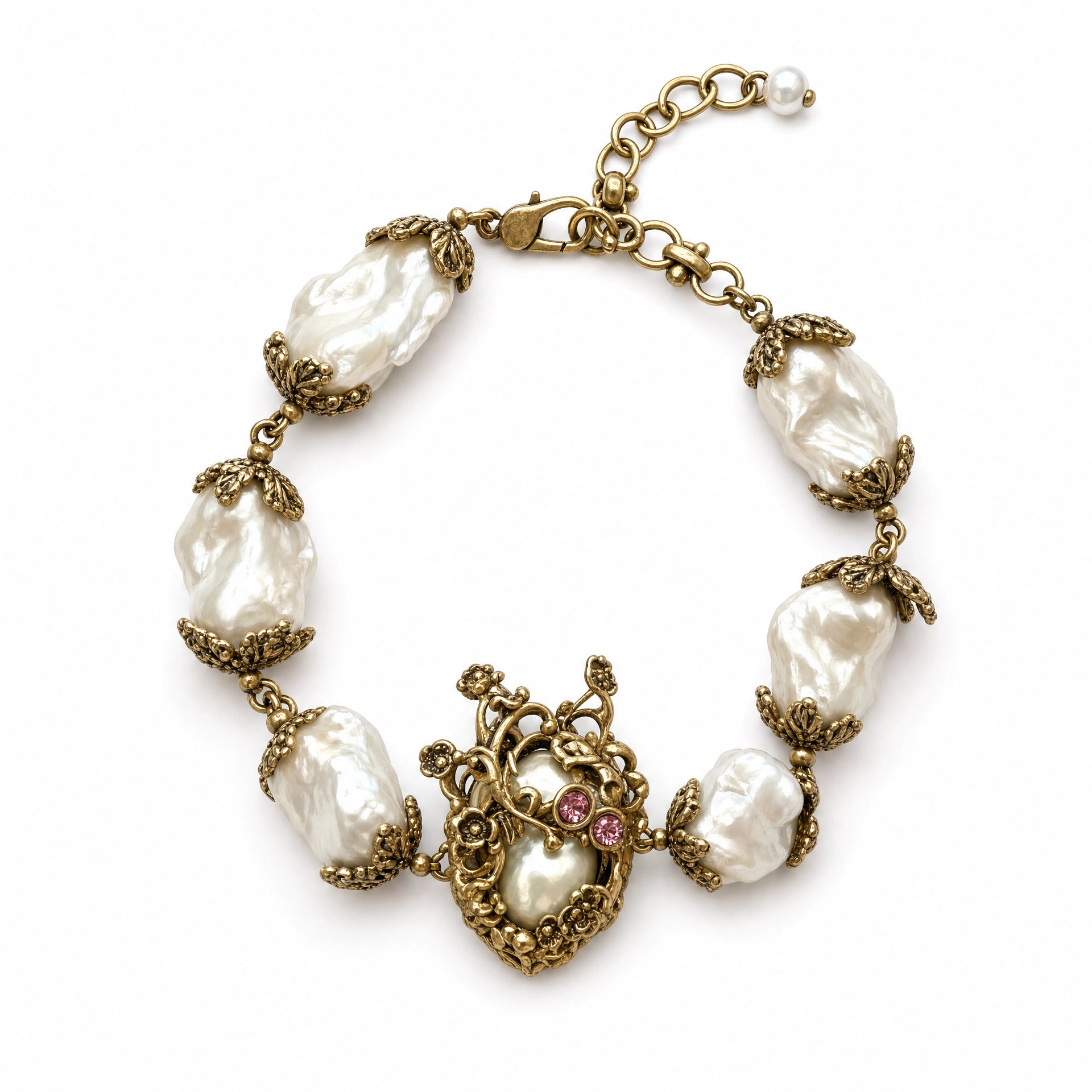 Vintage Baroque Pearl Heart Charm Bracelet