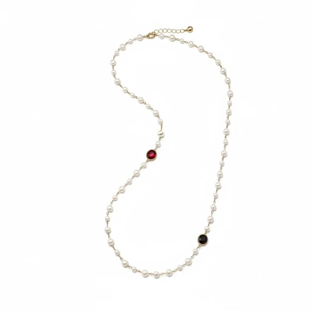 ✨ Long Freshwater Pearl Necklace with Red & Green Crystal Accents ✨