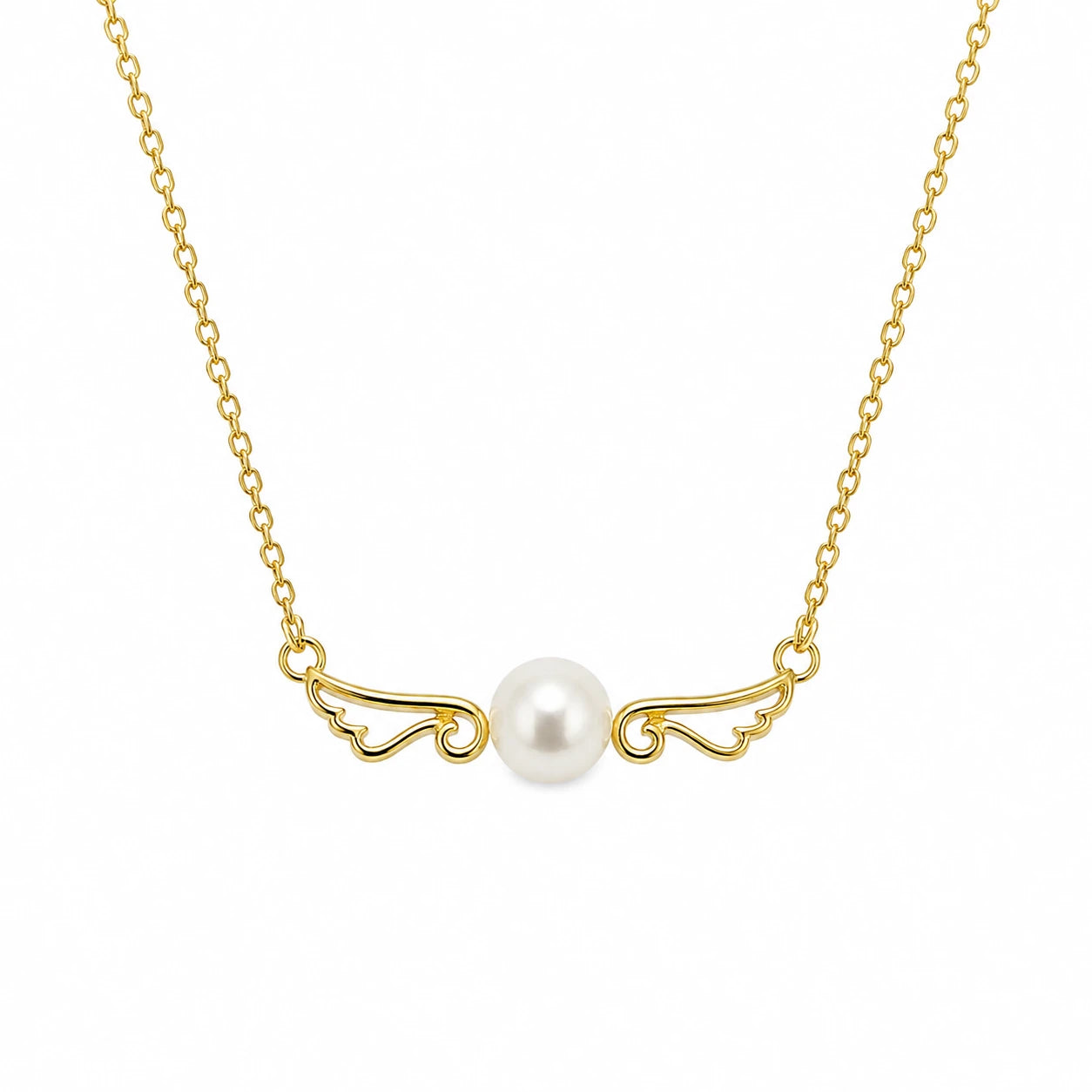 Gold-tone angel wing pearl necklace with a white pearl centrepiece