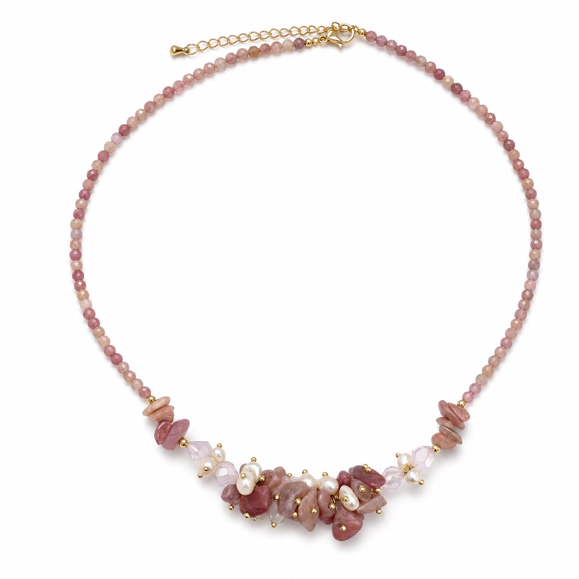 Pink gemstone rose quartz and freshwater pearl cluster necklace on a white background