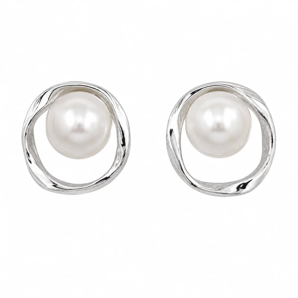 Silver-tone irregular circle stud earrings with natural freshwater pearls
