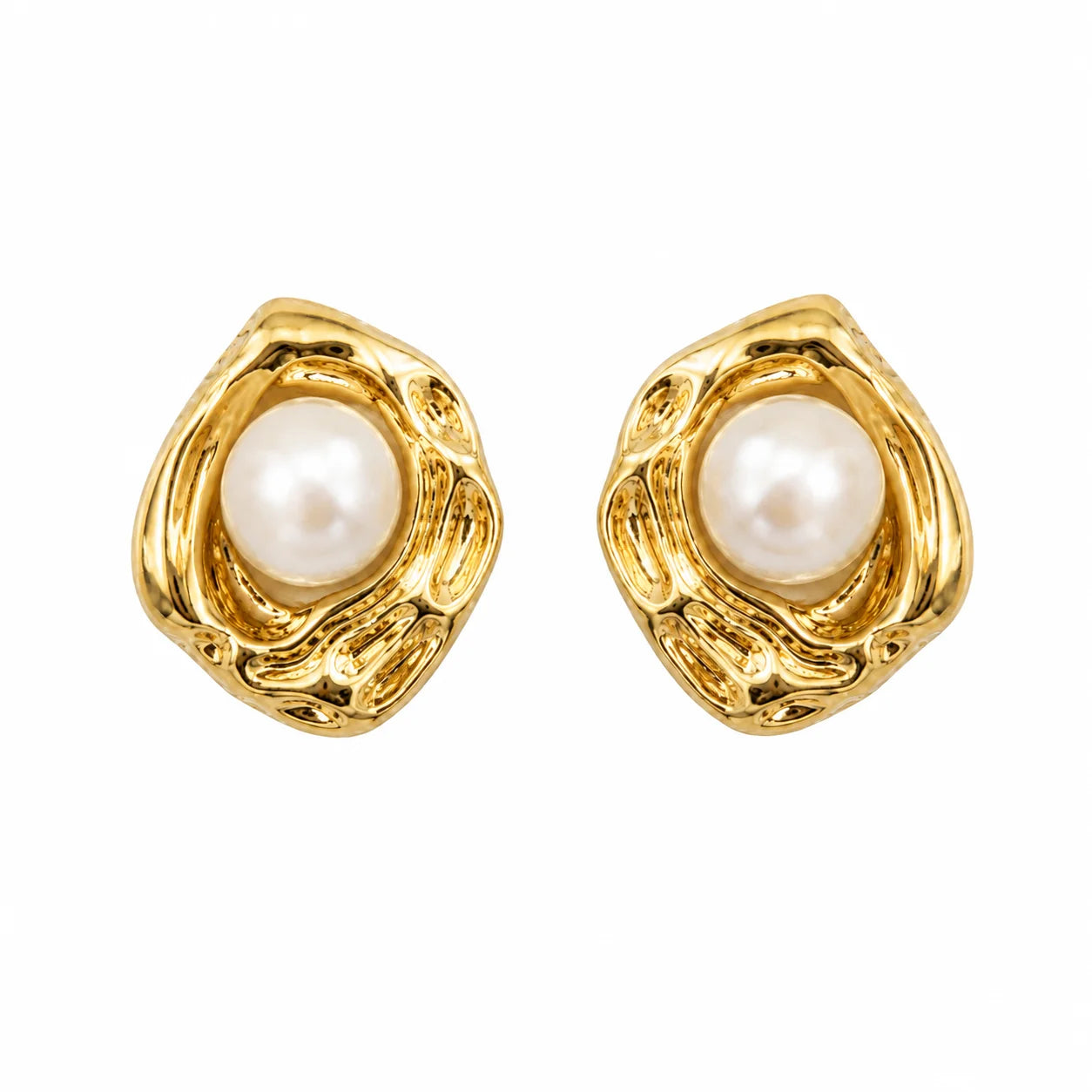 Gold-tone sculptural molten organic stud earrings with natural freshwater pearls