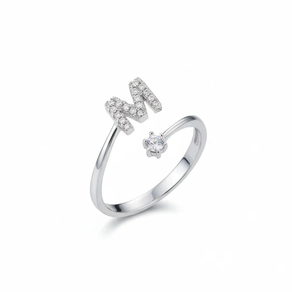 Diamond Initial Letter Silver Ring