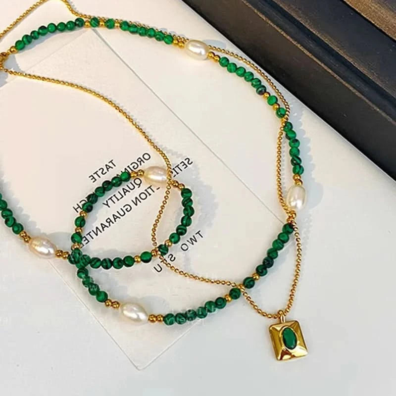 Malachite Pearl Beaded Necklace