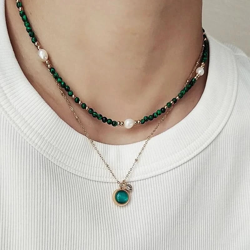 Malachite Pearl Beaded Necklace