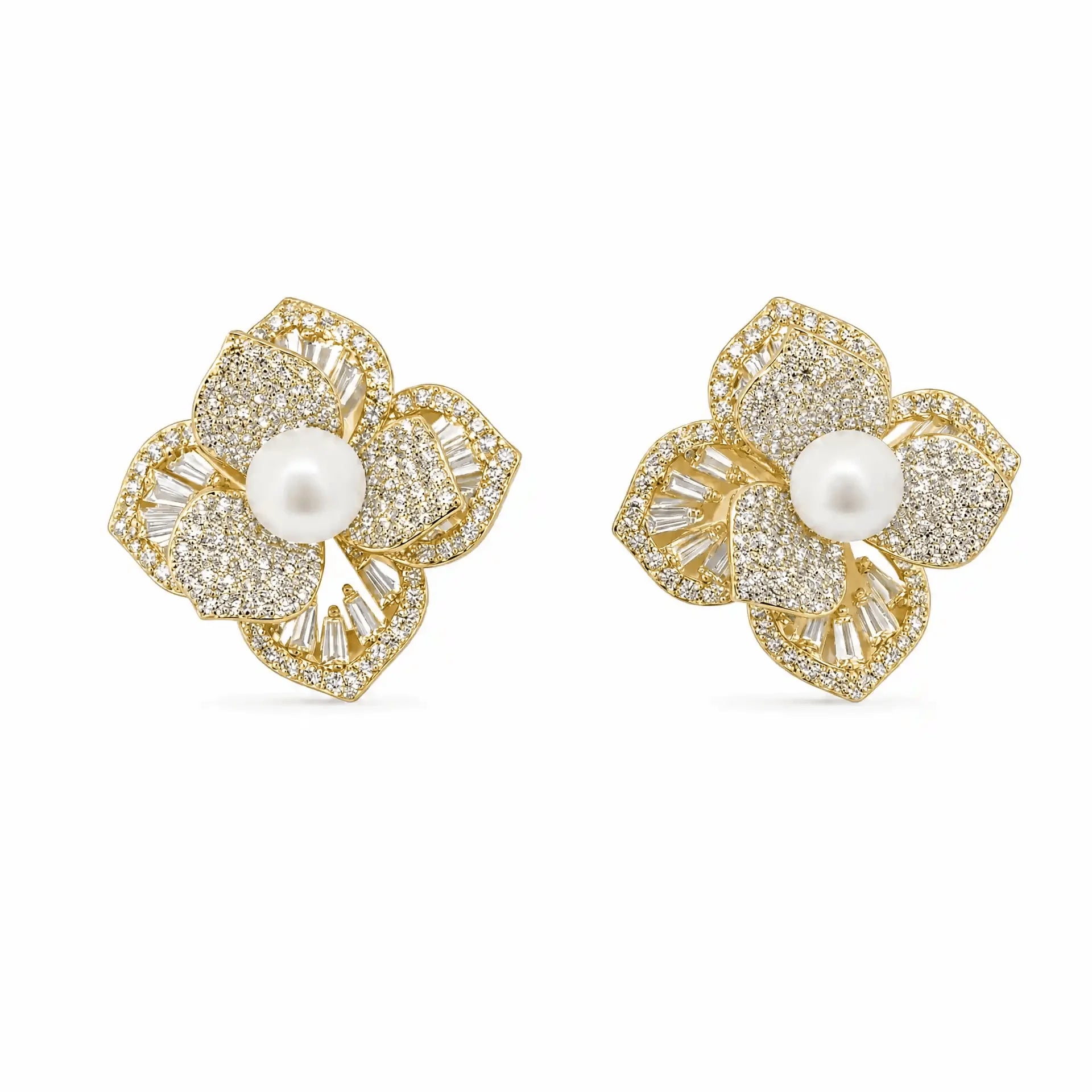 Gold-tone freshwater pearl flower stud earrings with pavé and baguette crystals