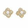 Gold-tone freshwater pearl flower stud earrings with pavé and baguette crystals