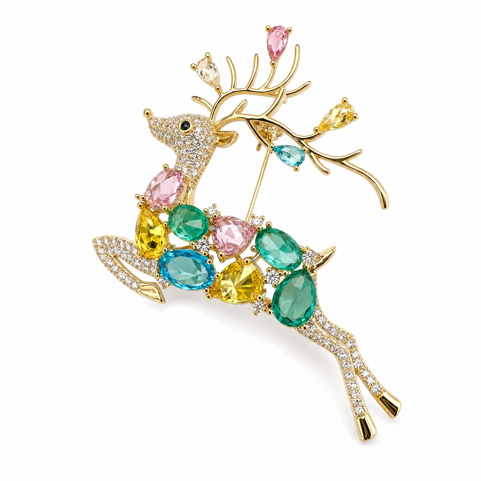 Multicolour crystal reindeer brooch in a leaping pose with gold-tone antlers on a white background