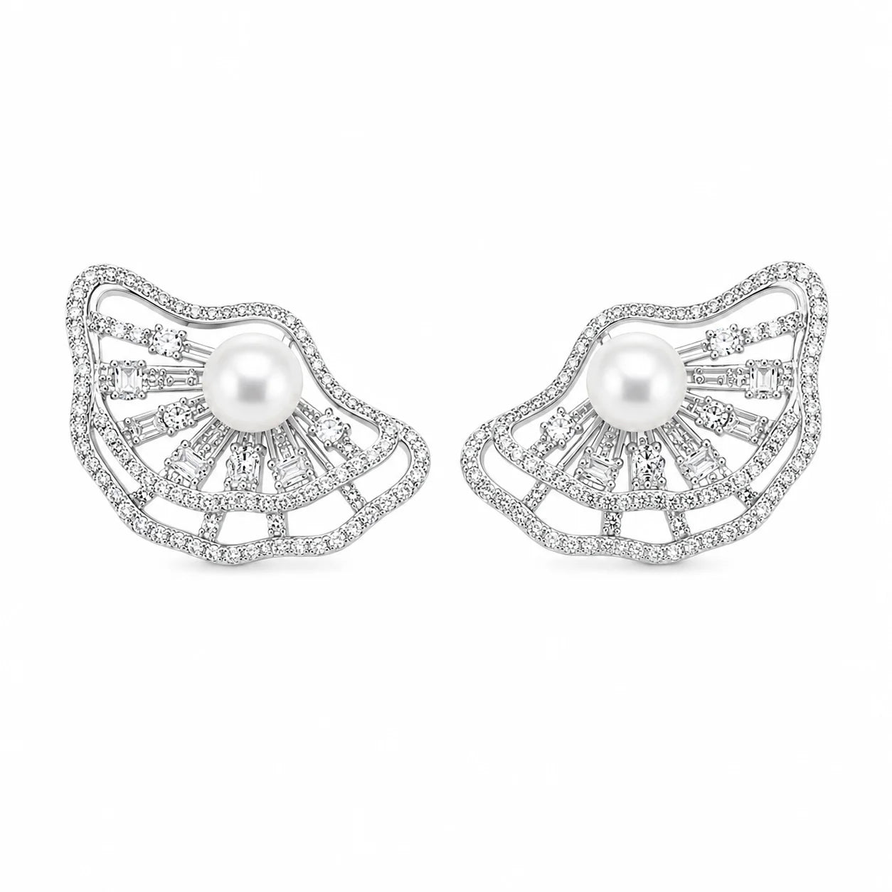 Silver ginkgo leaf earrings with freshwater pearl centres and clear zircon detailing