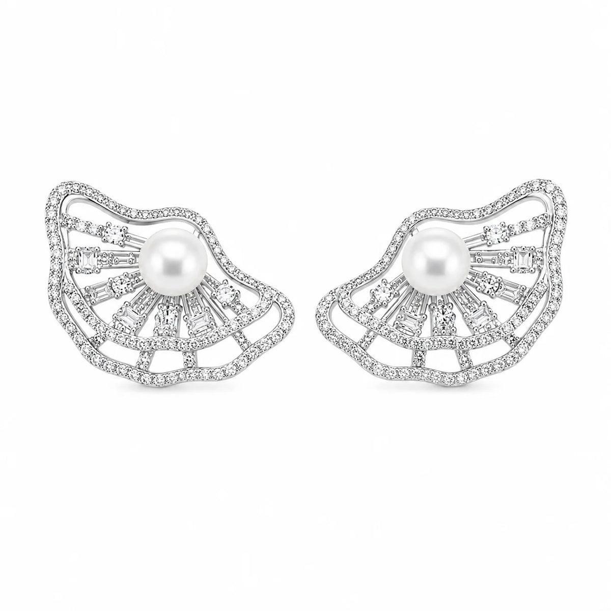 Silver ginkgo leaf earrings with freshwater pearl centres and clear zircon detailing