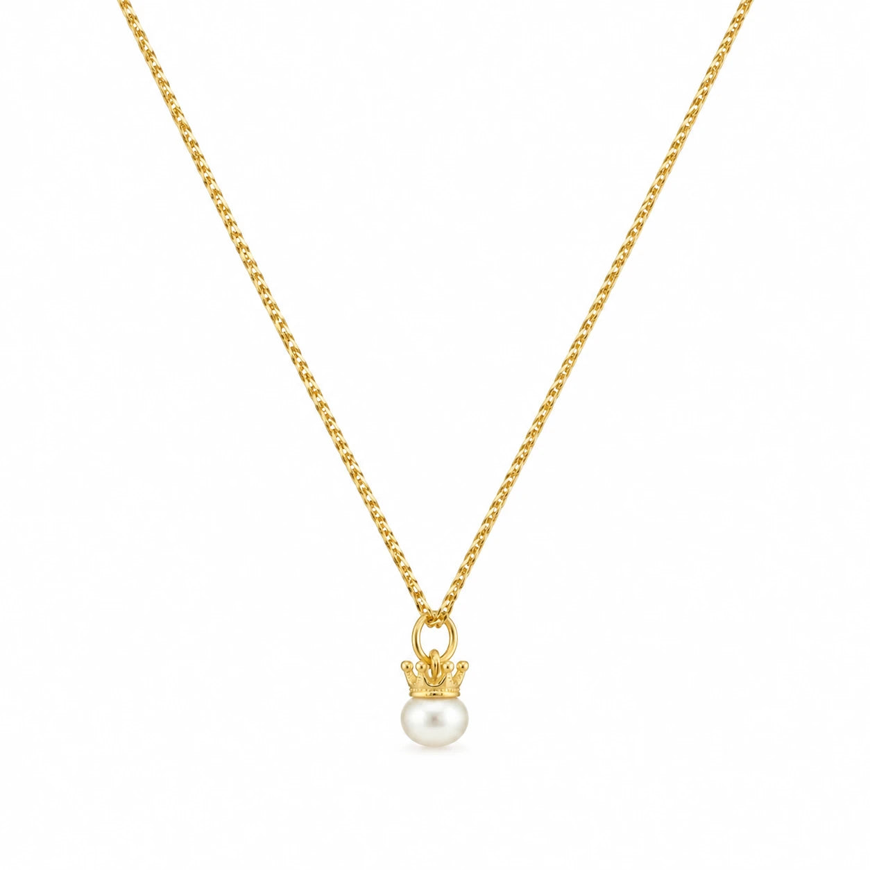 Gold-tone crown pearl pendant necklace with a round white pearl-style bead