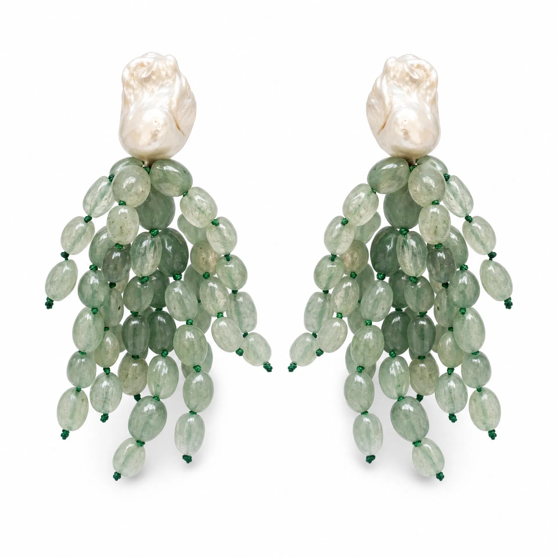 Prehnite Cluster Baroque Pearl Drop Earrings