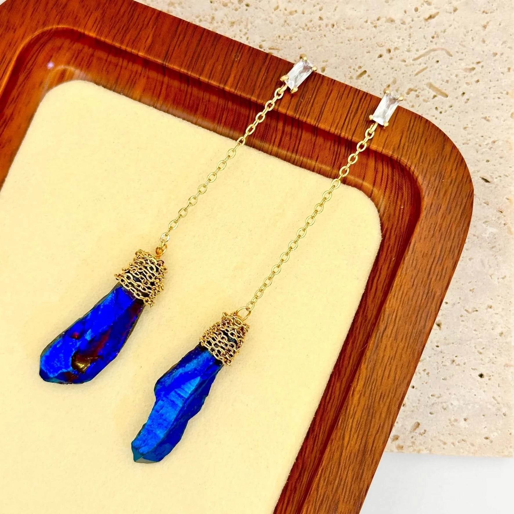 Natural Blue and Green Stone Chain Earrings