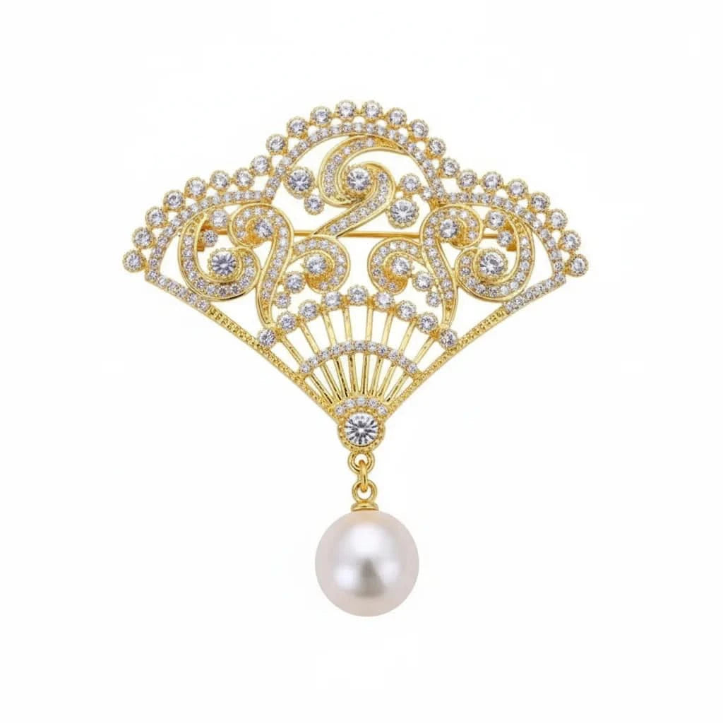 Natural Freshwater Pearl Fan Brooch with Zircon