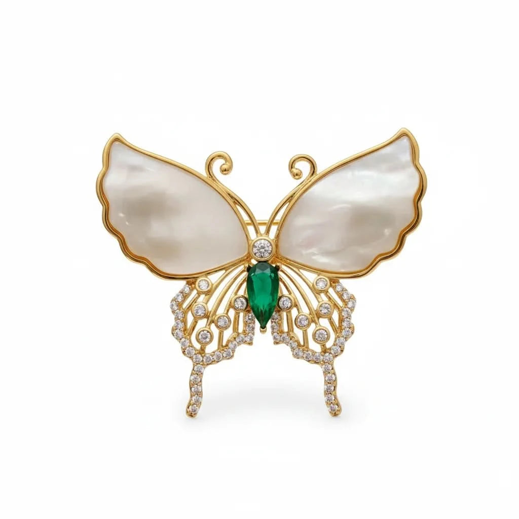 Natural Shell Diamond Butterfly Brooch