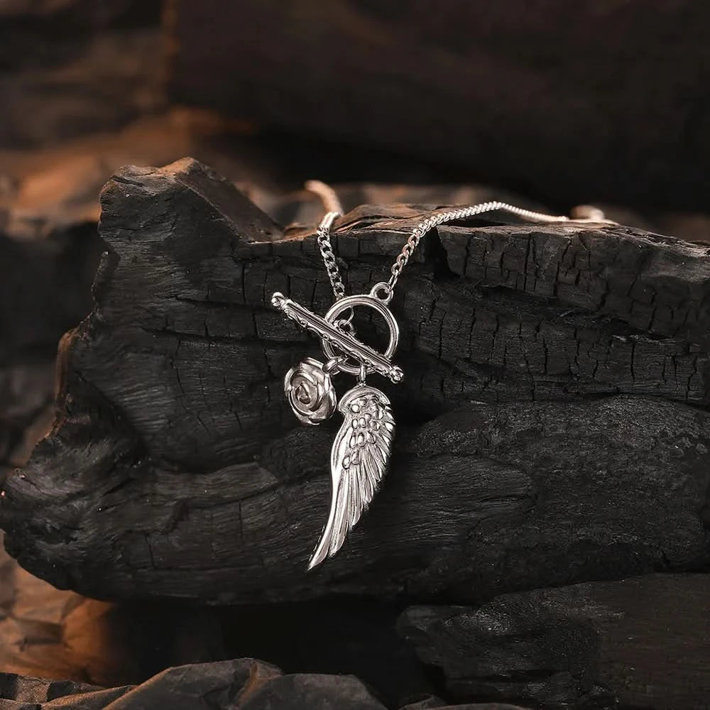 Angel Wing & Rose Silver Necklace