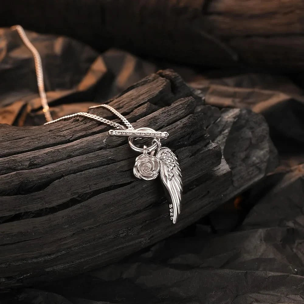 Angel Wing & Rose Silver Necklace
