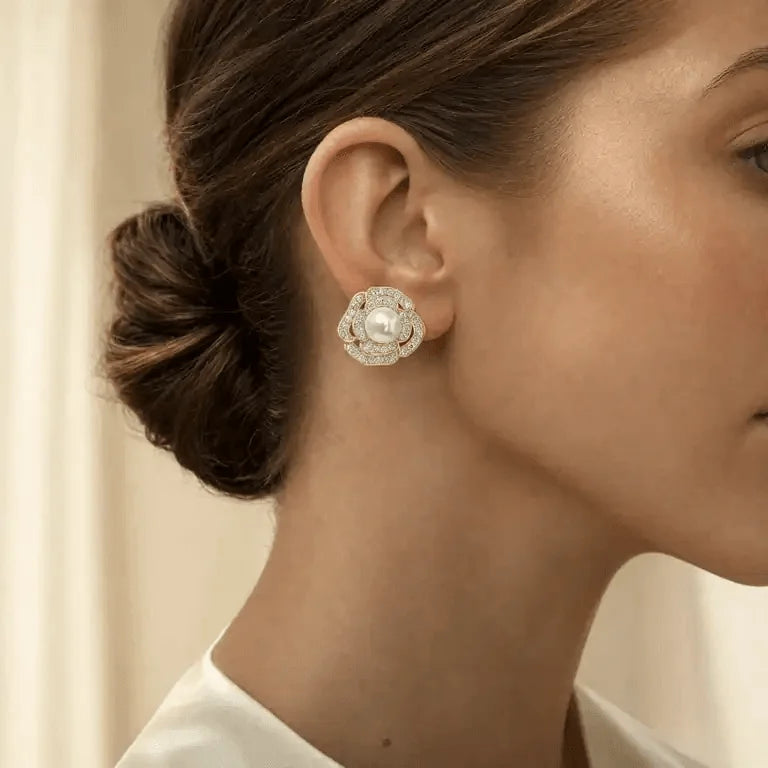 Model wearing silver-tone freshwater pearl crystal rose stud earrings