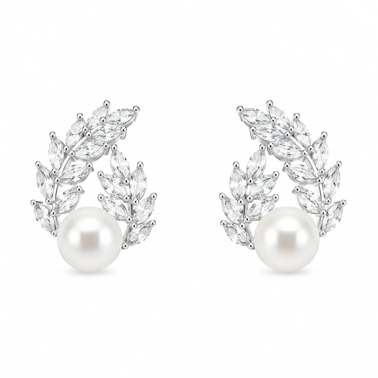 Silver-tone freshwater pearl laurel stud earrings with marquise-cut zircon leaves