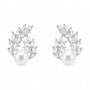 Silver-tone freshwater pearl laurel stud earrings with marquise-cut zircon leaves