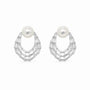 Silver-tone freshwater pearl stud earrings with layered baguette crystal teardrops