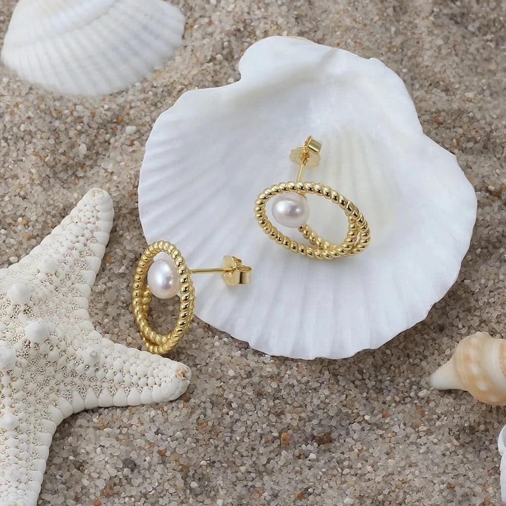 Oval Twist Freshwater Pearl Stud Earrings