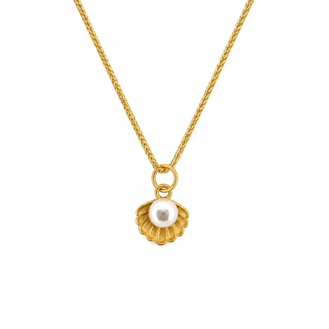Gold-tone scallop shell pendant necklace with a white pearl-style centre