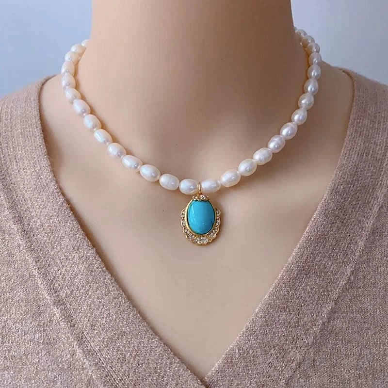 Pearl Choker Necklace with Turquoise